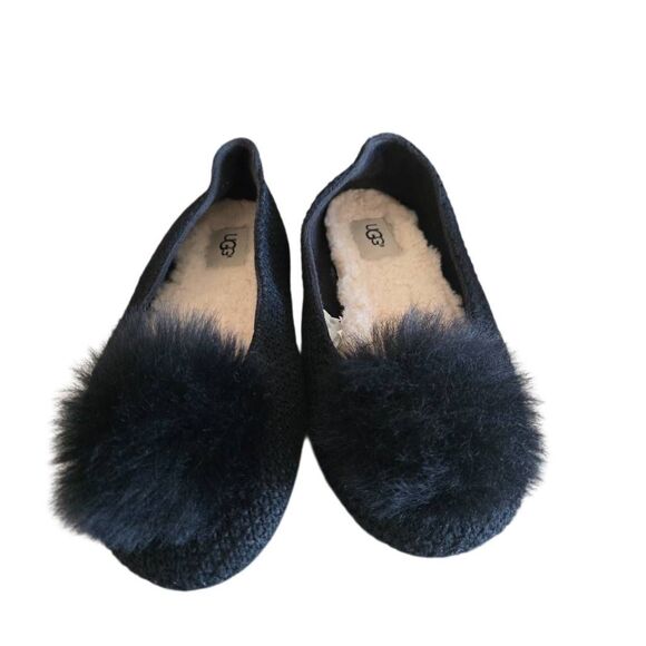 UGG womens Sz 8 black Andi sheepskin slippers shoes flat fur pom pom - Picture 3 of 7